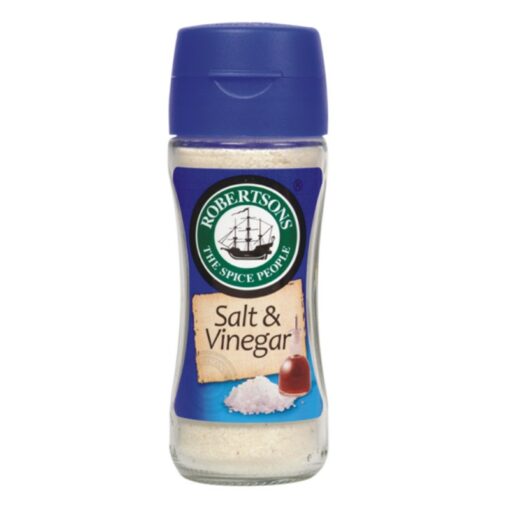 a bottle of Robertson's salt & vinegar on white background