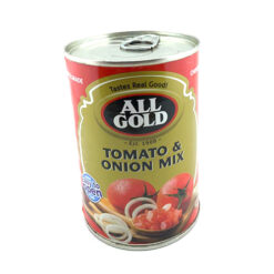 a tin of All Gold Tomato and Onion Mix 410g on white background