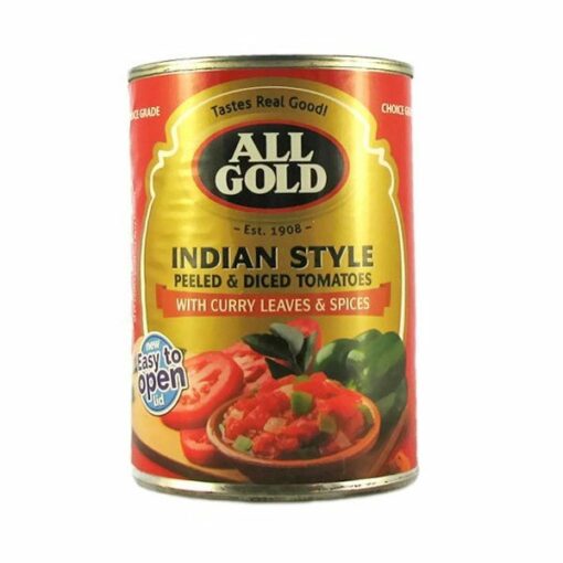 a can of all gold peeled and diced tomato indian style 410g