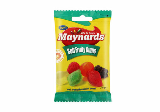 a packet of Maynards Soft Fruity Gums 75g on a white background