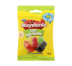a packet of Maynards Sour Babies Jellys 75g on white background